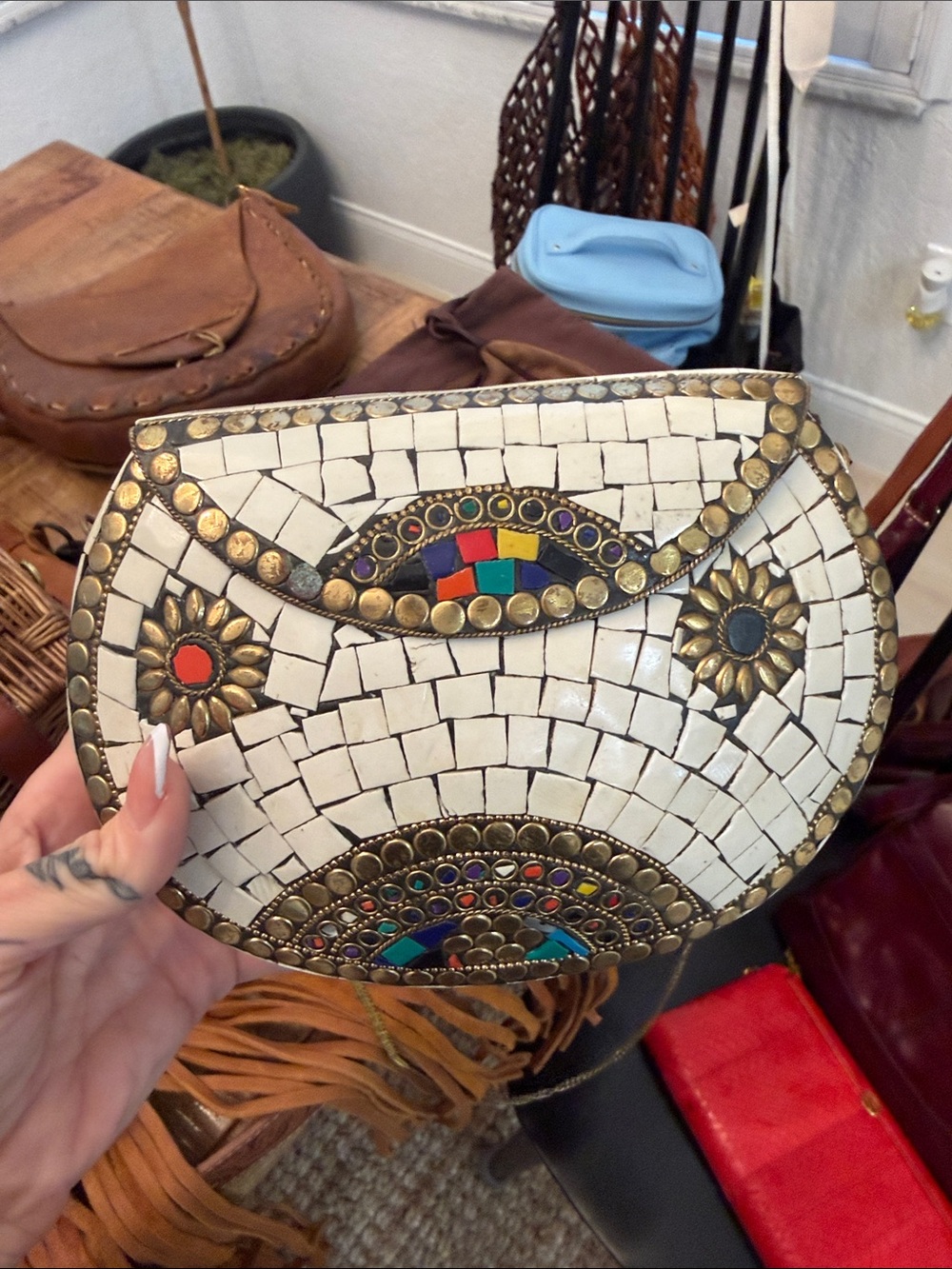 Boho Mosaic White Semi-Circle Crossbody Bag
